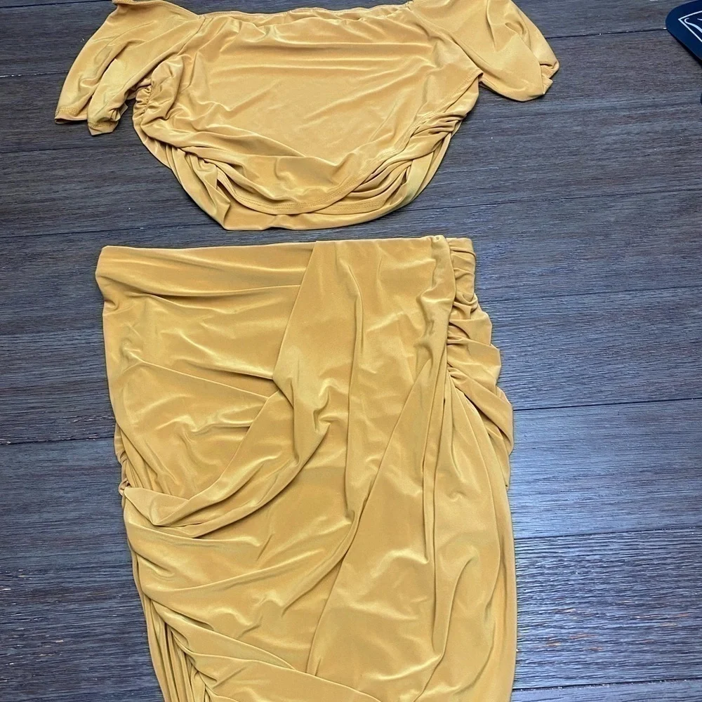 Fashion Nova Mustard Gold Yellow Two Piece Dress skirt set crop top